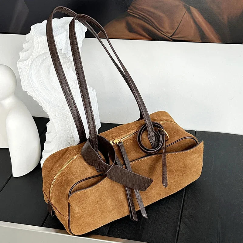 Soft Suede Leather Shoulder Bag - Women's Luxury Designer Handbag