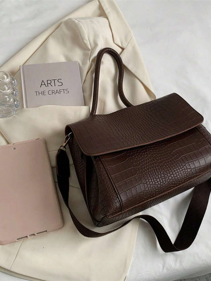 Varelle Croc-Embossed Satchel in coffee brown, front view