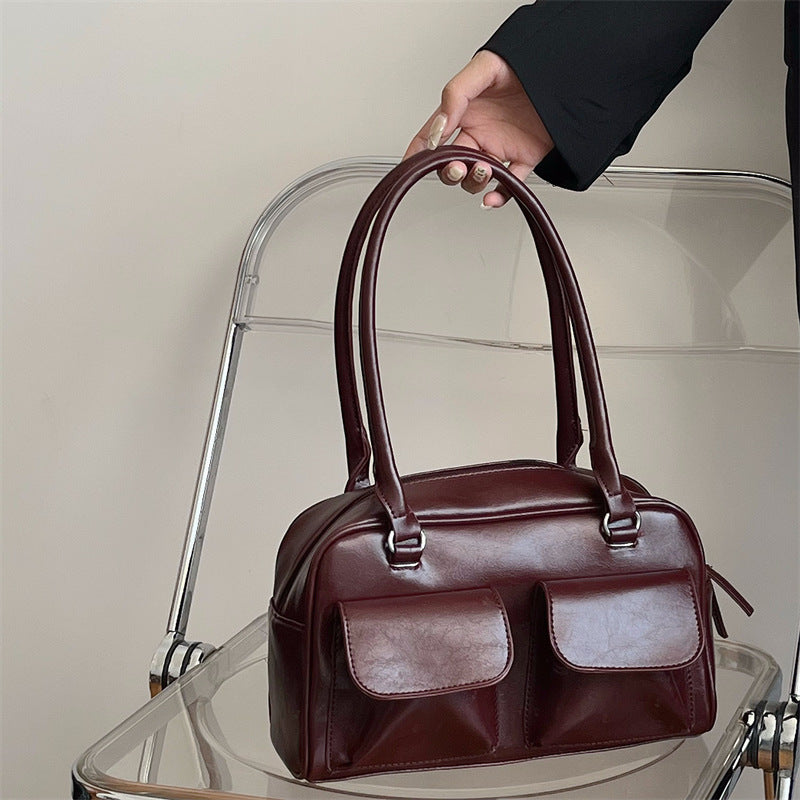 Romy Glossy Pocket Bag in wine red, front view