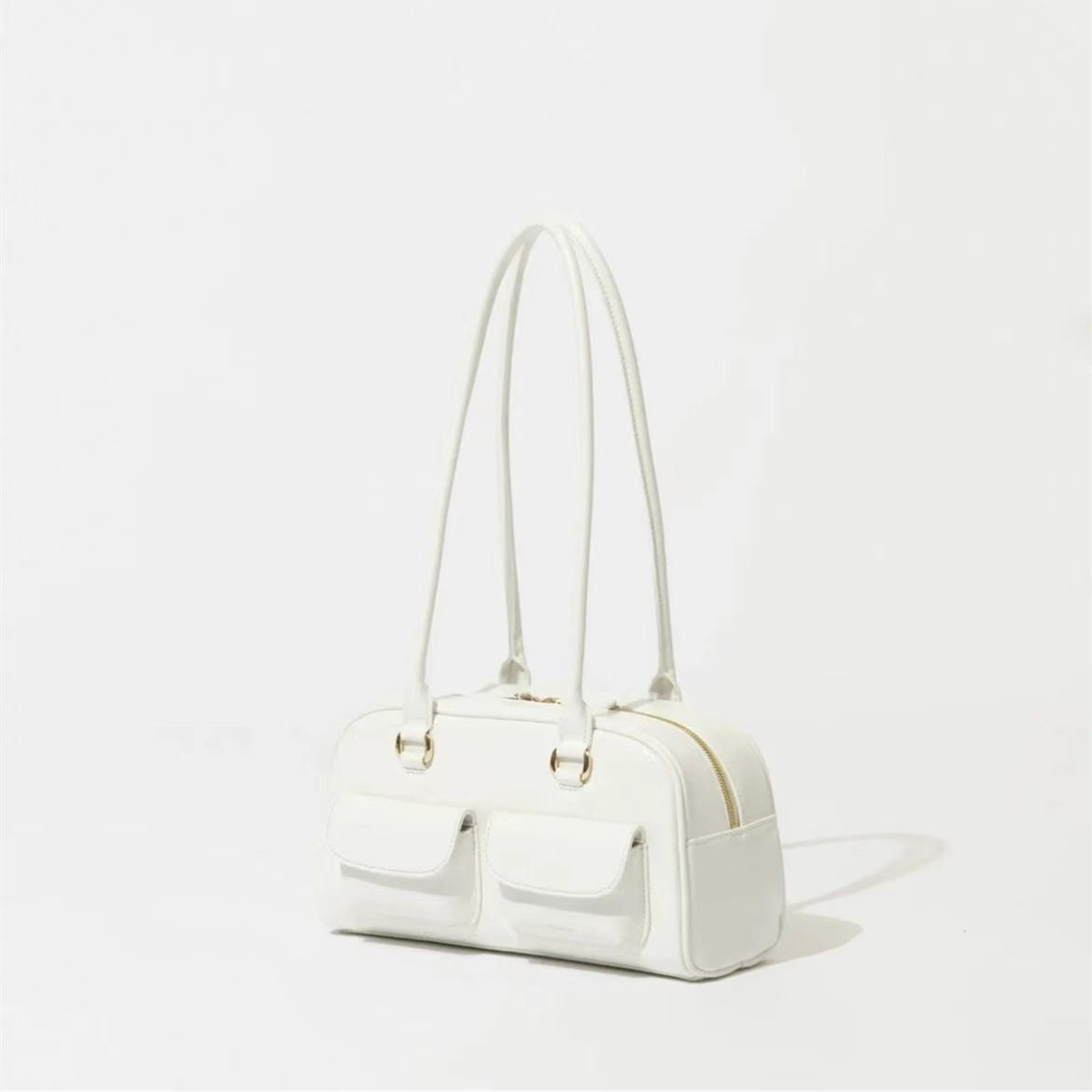 Romy Glossy Pocket Bag in white, front view