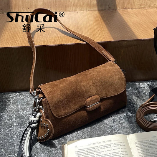 Contemporary Brown Suede Leather Crossbody Bag with Studs