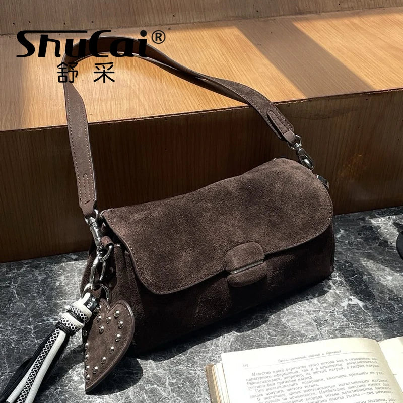 Contemporary Brown Suede Leather Crossbody Bag with Studs