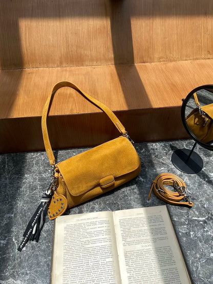 Contemporary Brown Suede Leather Crossbody Bag with Studs