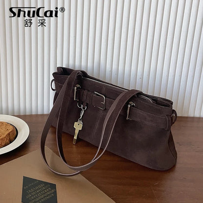 Suede Shoulder Bag With Buckle Belt Detail
