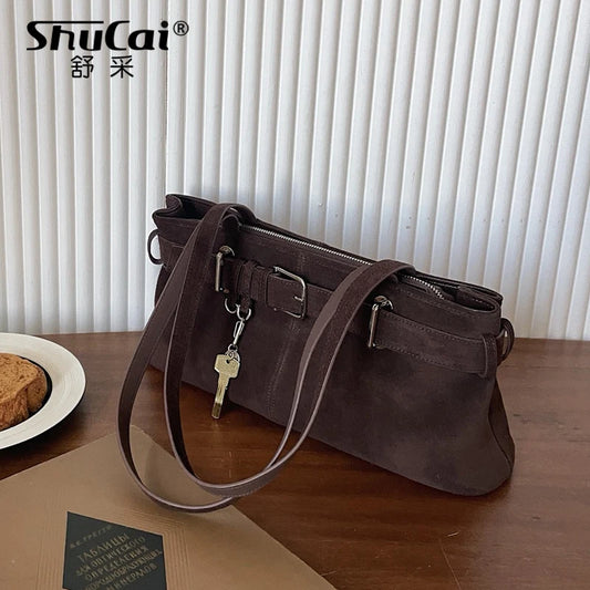 Suede Shoulder Bag With Buckle Belt Detail