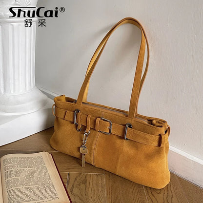 Suede Shoulder Bag With Buckle Belt Detail