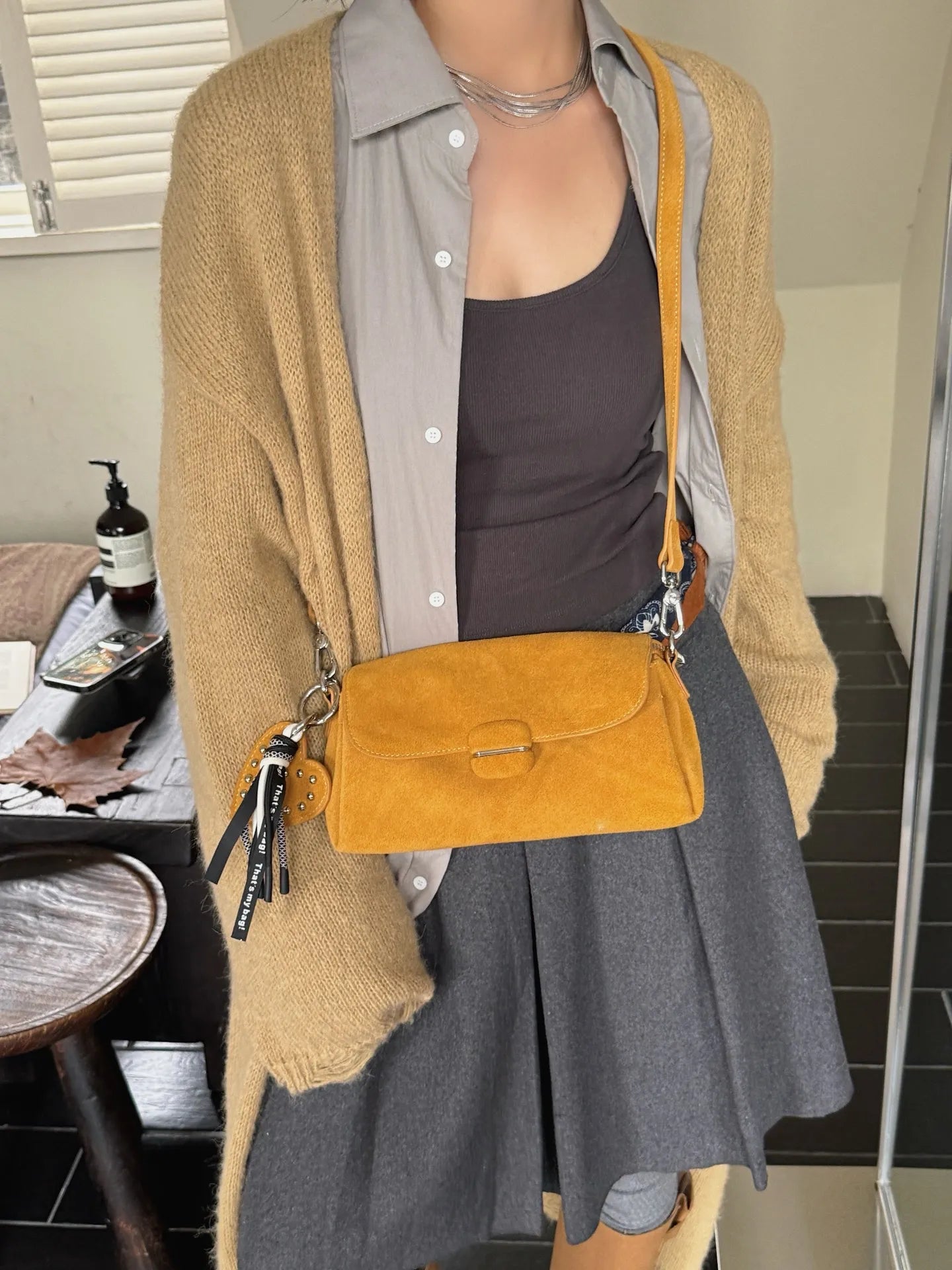 Contemporary Brown Suede Leather Crossbody Bag with Studs
