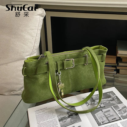 Suede Shoulder Bag With Buckle Belt Detail