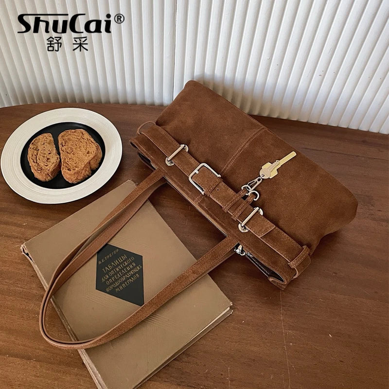 Suede Shoulder Bag With Buckle Belt Detail