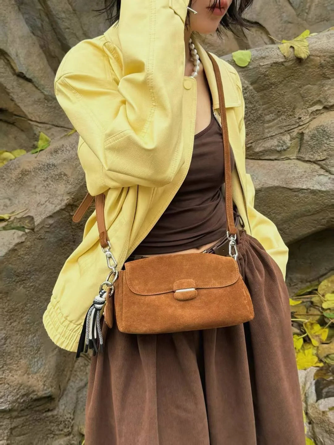 Contemporary Brown Suede Leather Crossbody Bag with Studs
