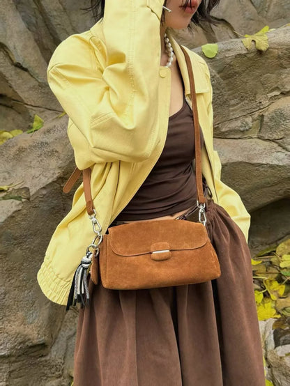 Contemporary Brown Suede Leather Crossbody Bag with Studs
