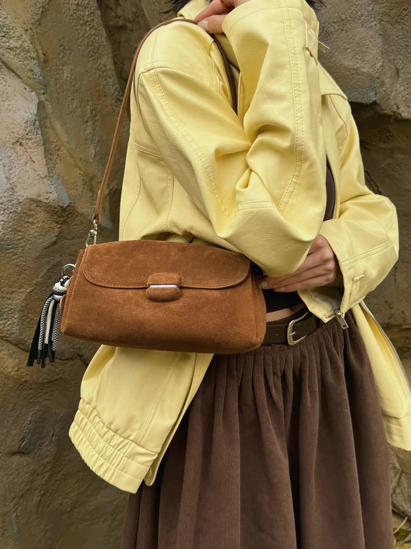 Contemporary Brown Suede Leather Crossbody Bag with Studs