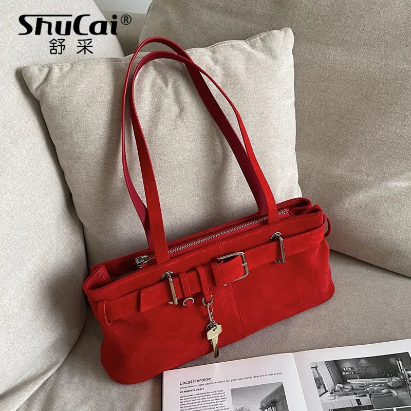 Suede Shoulder Bag With Buckle Belt Detail