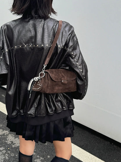 Contemporary Brown Suede Leather Crossbody Bag with Studs